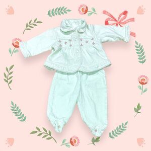 Vintage BABY HEADQUARTERS Mint Green Embroidered Roses Footie Pant Set 3 - 6 mo